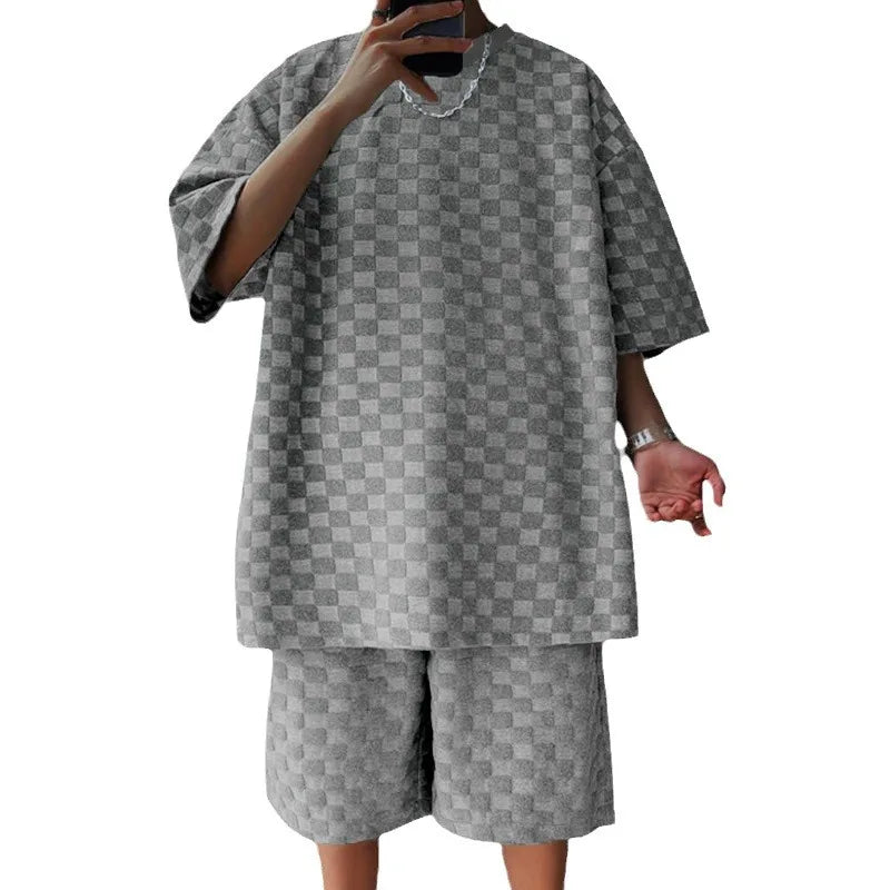 Men’s Oversized Chessboard Plaid Two-Piece Set