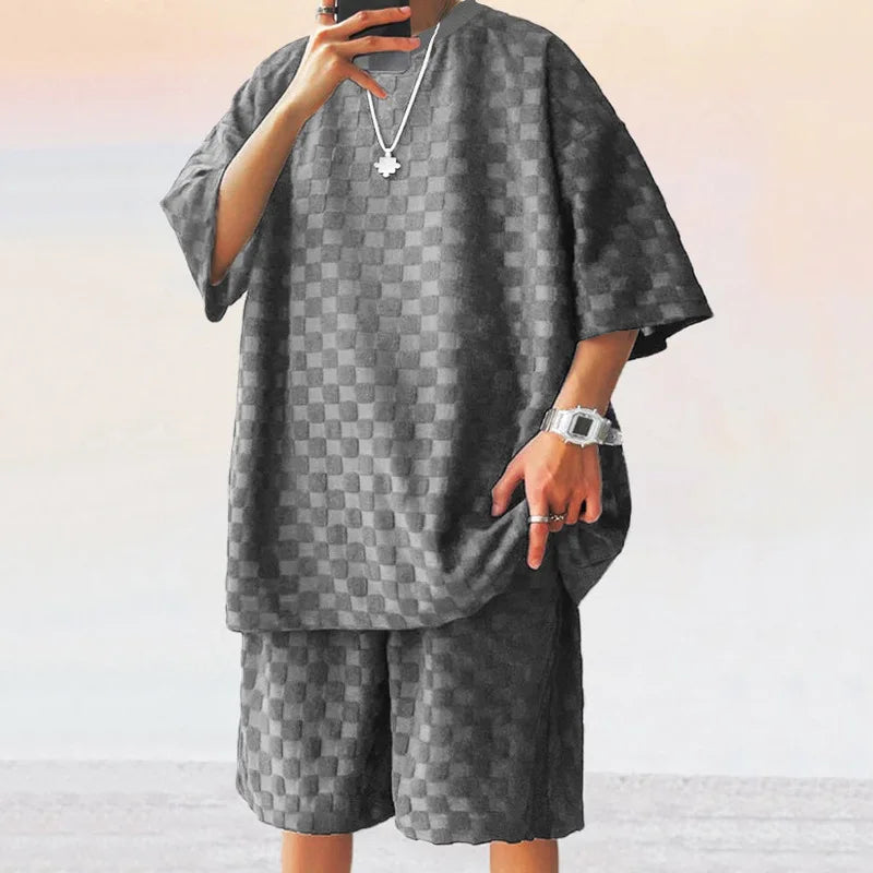 Men’s Oversized Chessboard Plaid Two-Piece Set