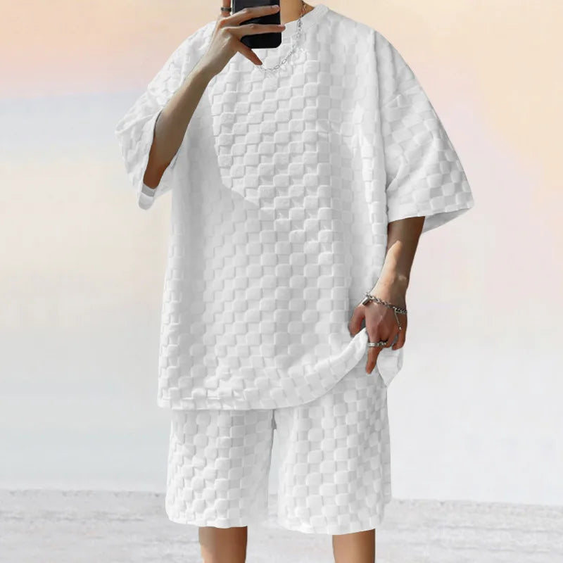 Men’s Oversized Chessboard Plaid Two-Piece Set