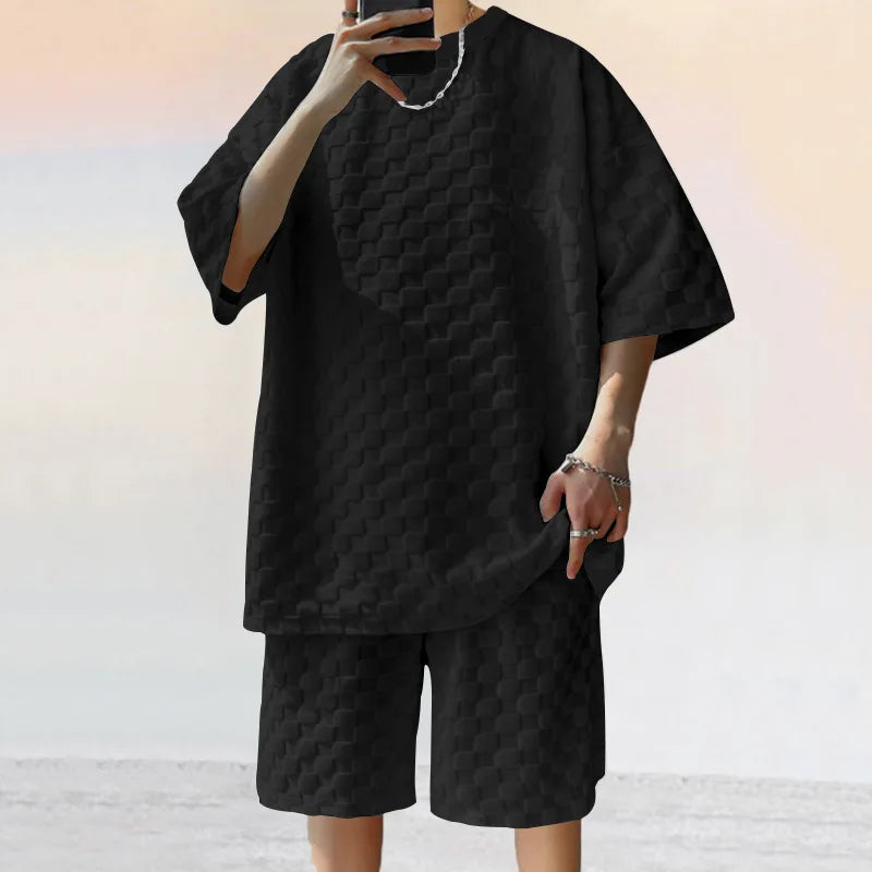 Men’s Oversized Chessboard Plaid Two-Piece Set