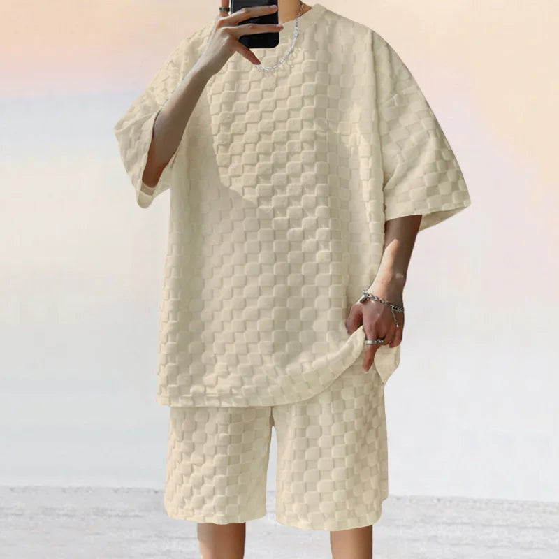 Men’s Oversized Chessboard Plaid Two-Piece Set